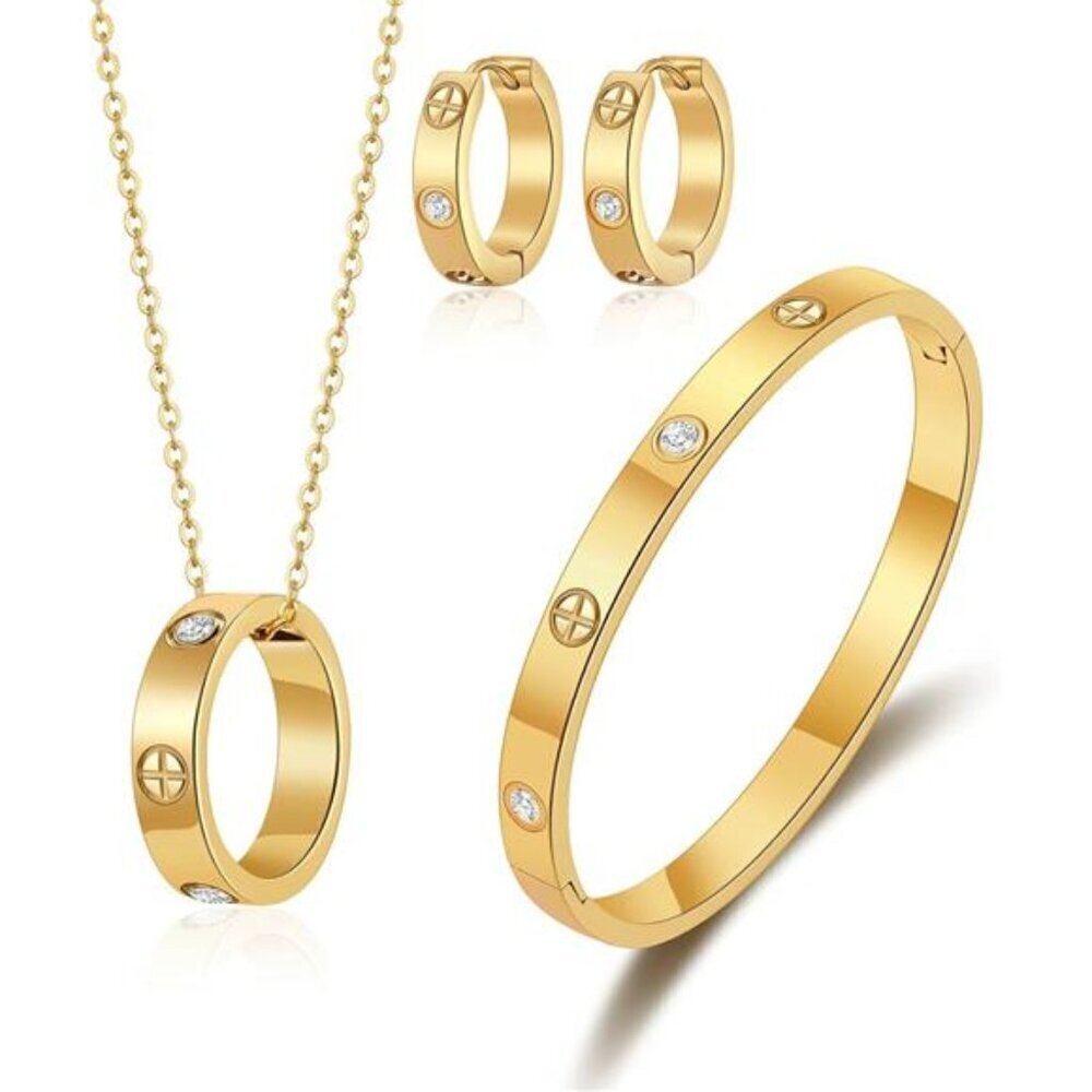 Gold-Tone Screw Design Jewelry Set – Necklace, Earrings & Bangle Bracelet